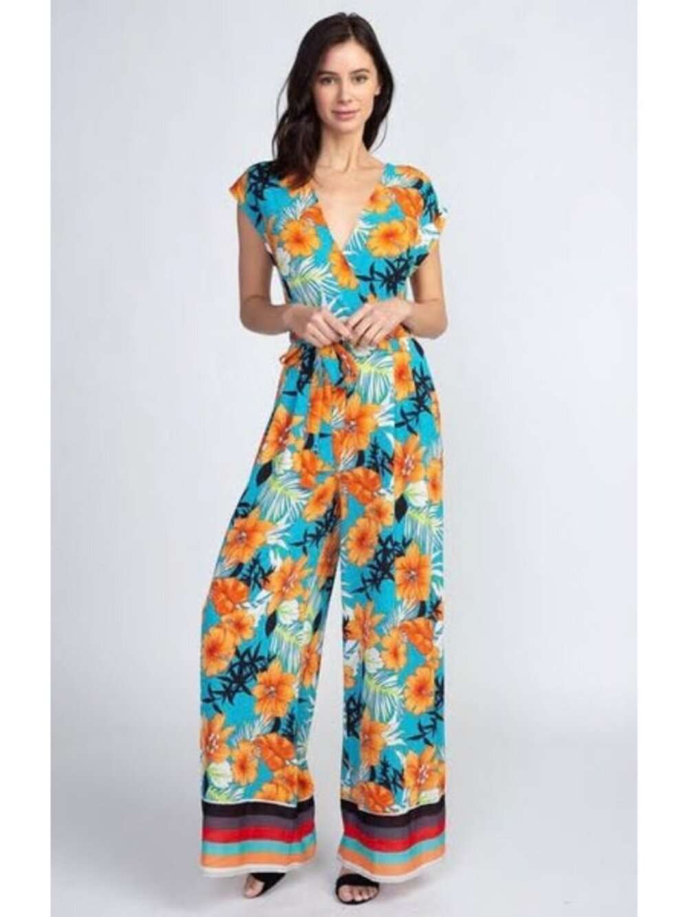 Milk & Honey Floral Wide Leg Jumpsuit Aqua Blue Orange